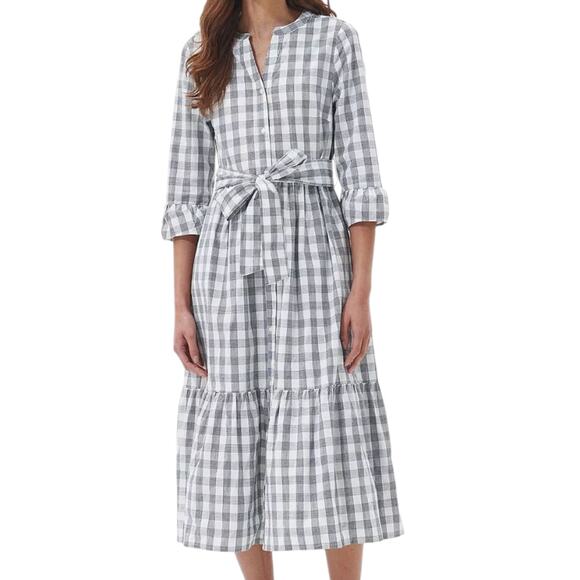Barbour Seamills Gingham Check Midi Dress Navy White Ruffle Belted Button NWOT 6 - Picture 1 of 11
